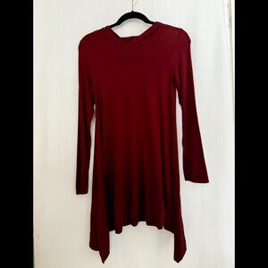 Lani California Burgundy Asymmetrical Long Sleeve Hooded Tunic Dress, Small
